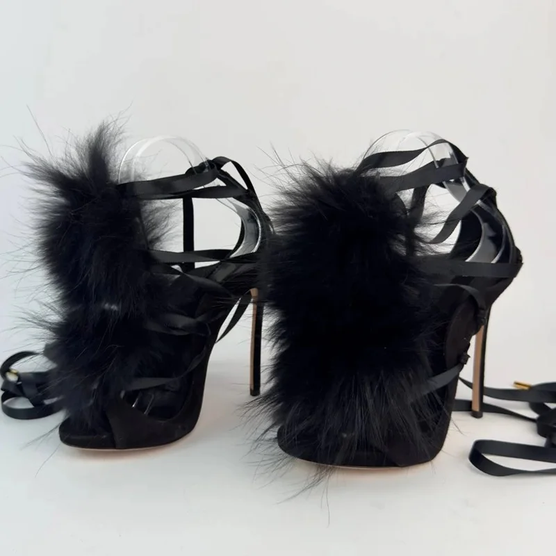 Fur Lace Up Peep Toe Hollow Ou - Street Fashion Outfit recension och pris