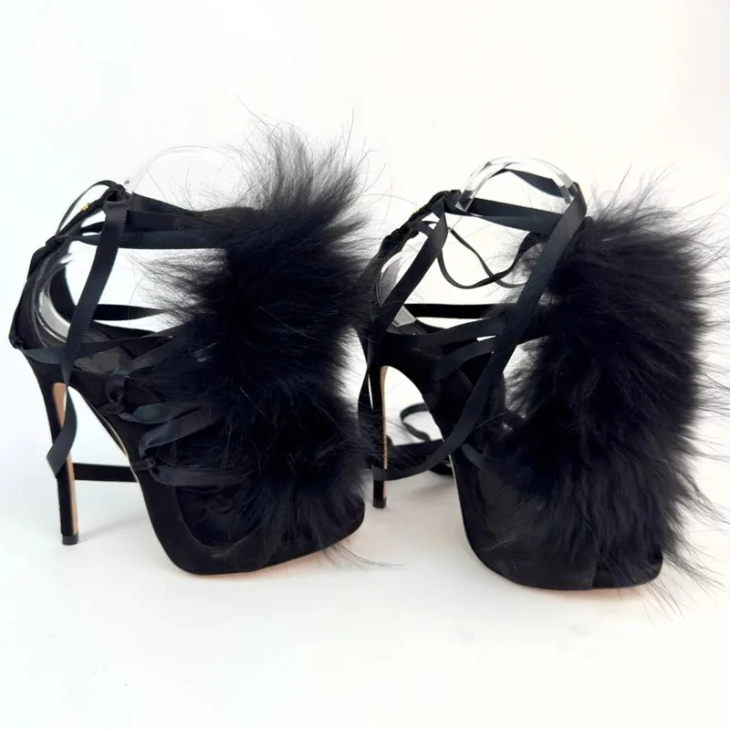 Fur Lace Up Peep Toe Hollow Ou - Street Fashion Outfit recension och pris