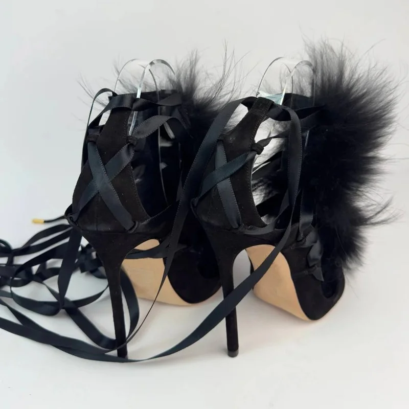 Fur Lace Up Peep Toe Hollow Ou - Street Fashion Outfit recension och pris
